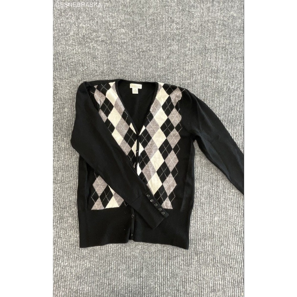 Tweeds Women's Black Argyle Cardigan Sweater 100% Merino Wool Vintage 90s Sz M